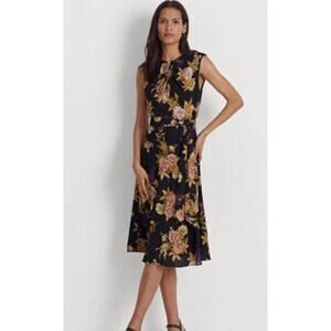 NWT Lauren Ralph Lauren Dress 14 Black Floral Crepe Belted Lined Pleated Neck